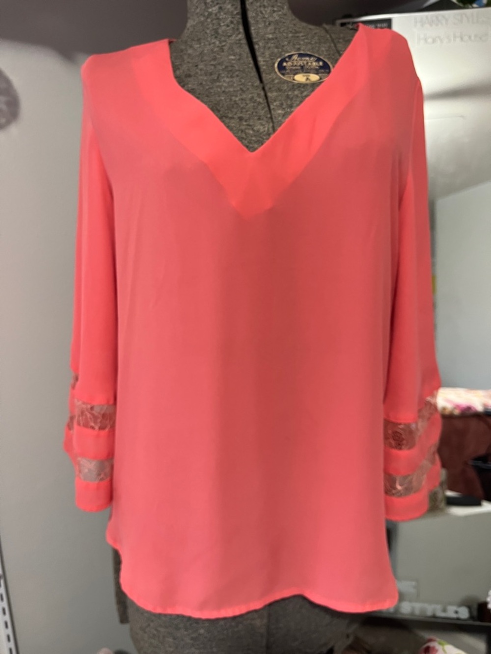 Apt. 9 Coral V-Neck Blouse with Lace-Trim Sleeves